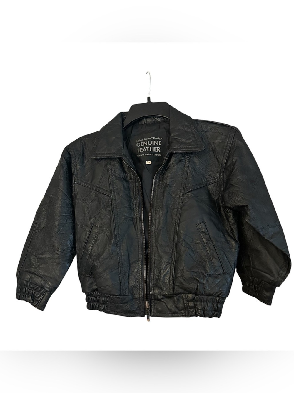 Vintage Navarre Genuine Leather Patchwork Kids Black Bomber Jacket
